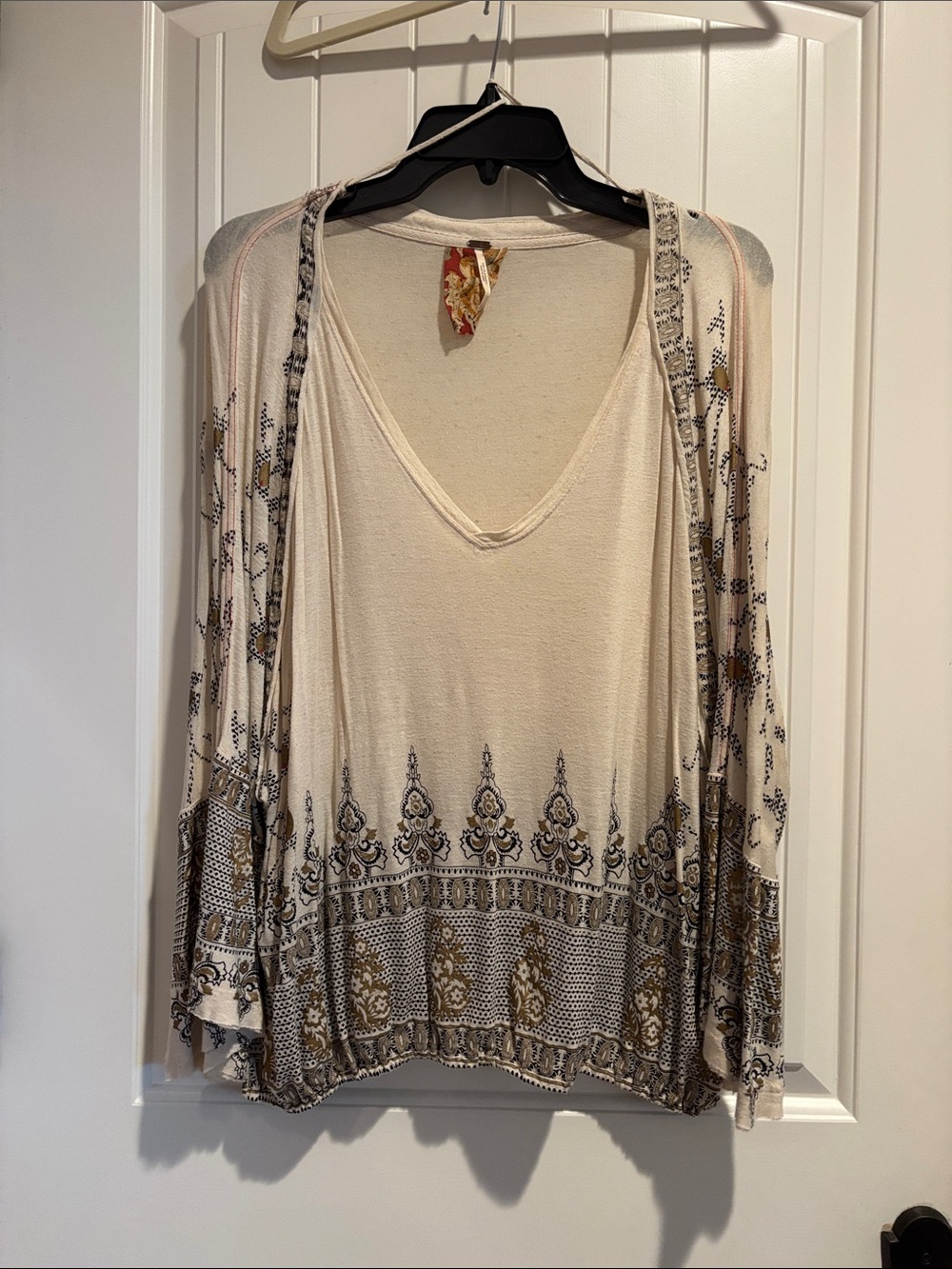 Free People Cream Printed V-Neck Long Sleeve Tunic